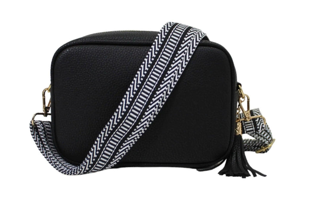 LADIES CROSSBODY SHOULDER BAG SINGLE ZIP COMPARTMENT WITH ADJUSTABLE FABRIC STRAP AND TASSEL BLACK