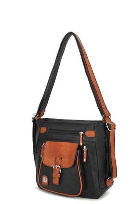 Firenze Ladies Large Multi Pocket Faux Leather Shoulder Handbag/ Back Pack Zip Fastening Black/Tan