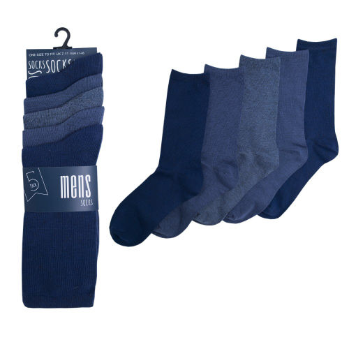 Mens Essentials 5 Pair Pack Plain Blue Mix Socks One Size Fits UK 7 to 12