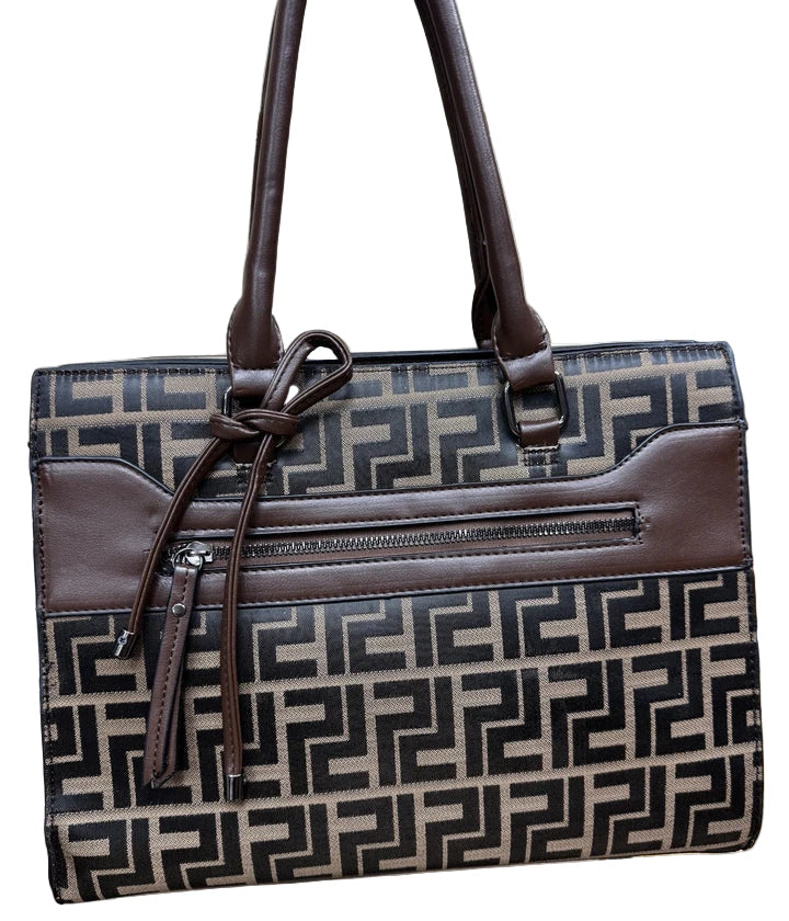 Ladies Designer Inspired Brown/Tan Colour Motif Grab Handle/ Shoulder Bag With Detachable Strap