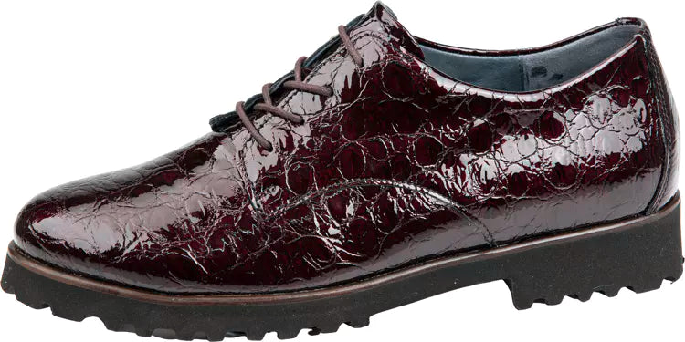 Waldlaufer H-Elisa Womens Wide Fit Burgundy Patent Crocodile Print Lace Up Shoe