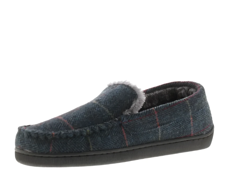 Dr Keller Burt MENS WARM FAUX FUR LINED FULL SLIPPERS NAVY TARTAN CHECK
