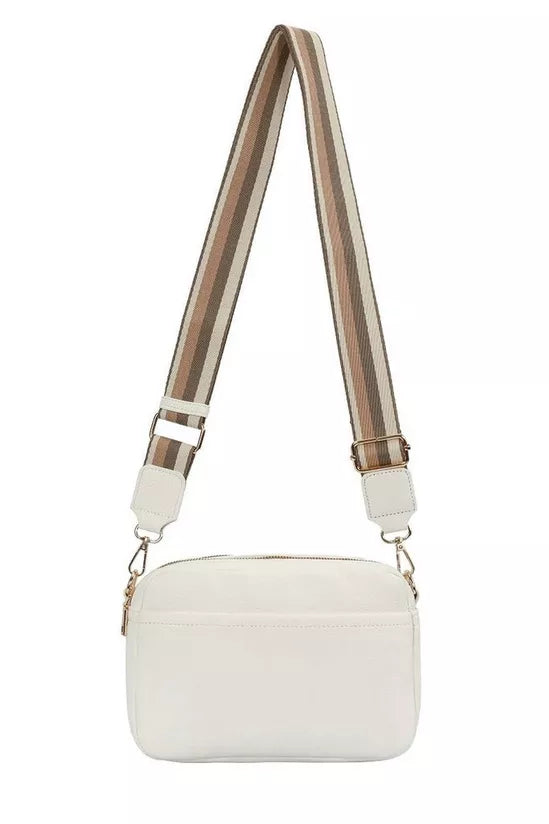 GESSY LADIES DOUBLE ZIP CROSS BODY SHOULDER BAG WITH FRONT/ BACK POCKETS, ADJUSTABLE FABRIC STRAP WHITE