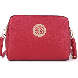 LONG & SON DESIGNER INSPIRED MULTI POCKET CROSS BODY SHOULDER HANDBAG WITH ADJUSTABLE STRAP AND GOLD TREE DETAIL RED