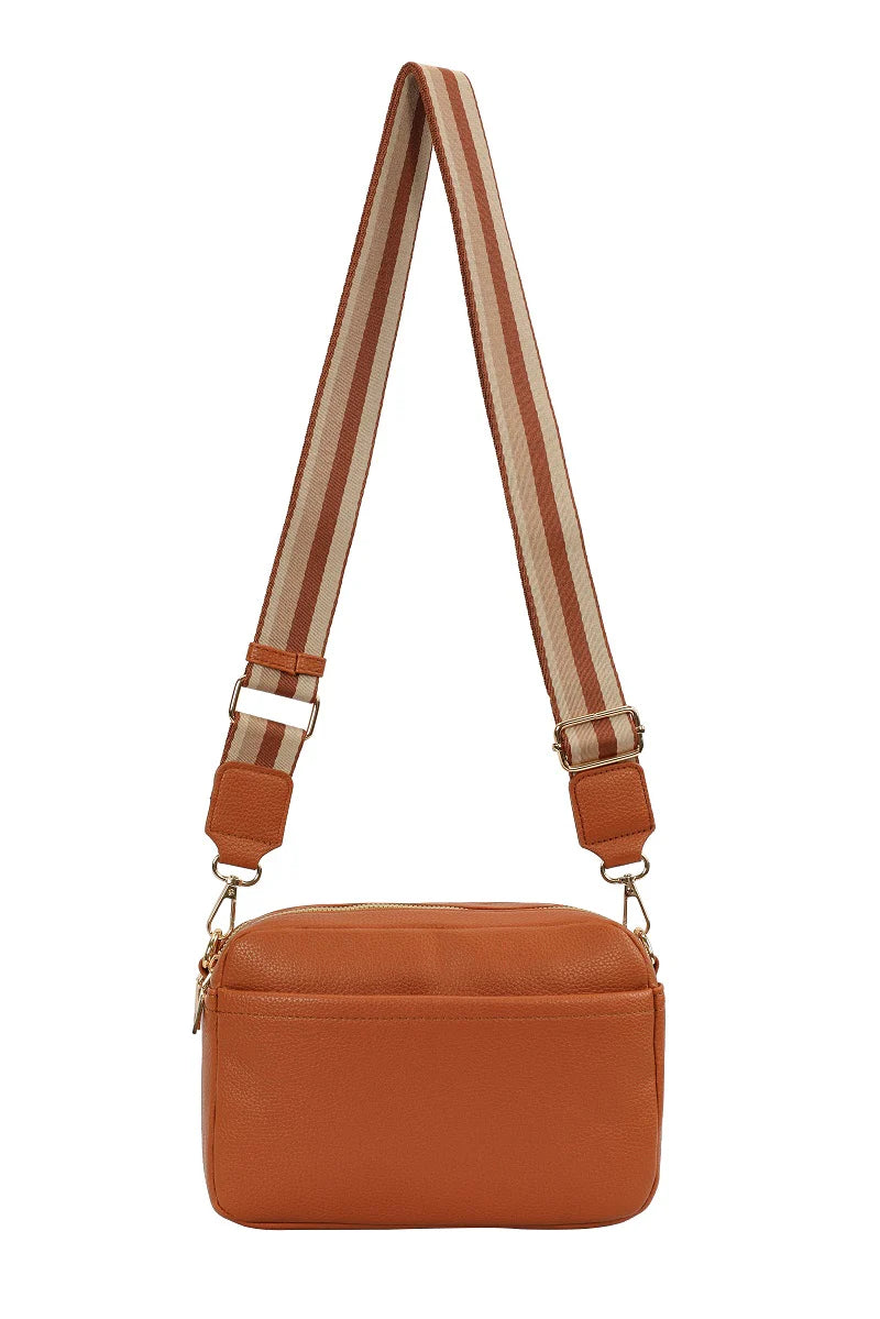 GESSY LADIES DOUBLE ZIP CROSS BODY SHOULDER BAG WITH FRONT/ BACK POCKETS, ADJUSTABLE FABRIC STRAP TAN