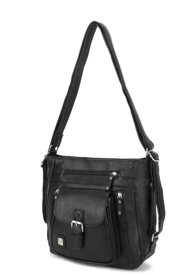 FIRENZE LADIES LARGE MULTI POCKET FAUX LEATHER SHOULDER HANDBAG/ BACK PACK ZIP FASTENING BLACK