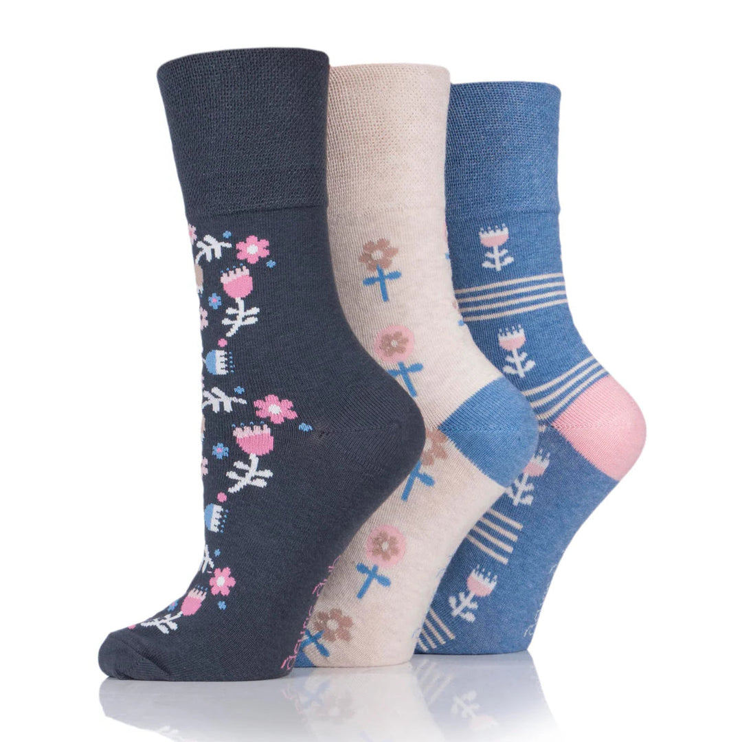 Gentle Grip Ladies Cotton Blend Non Binding Honeycomb Top Socks 3 Pair Pack Multi Floral