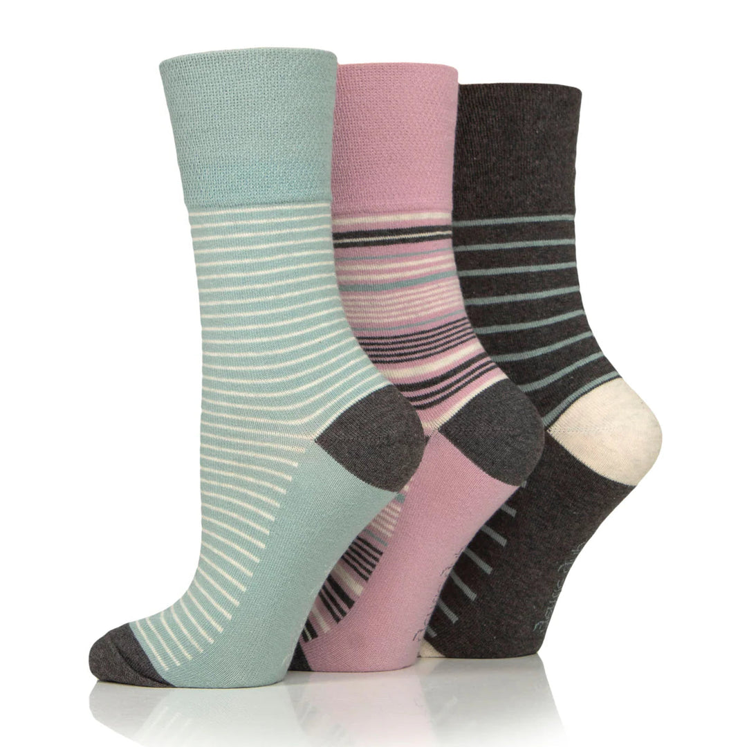 Gentle Grip Ladies Cotton Blend Non Binding Honeycomb Top Socks 3 Pair Pack Multi Stripe