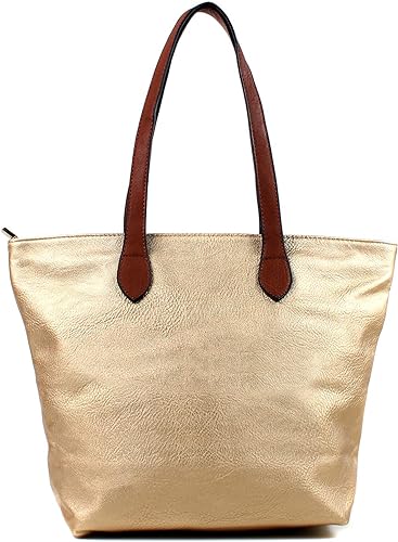 LONG & SON LADIES FAUX LEATHER MEDIUM TOTE SHOULDER/SHOPPING BAG WITH TAN STRAP AND ZIP FASTENING GOLD