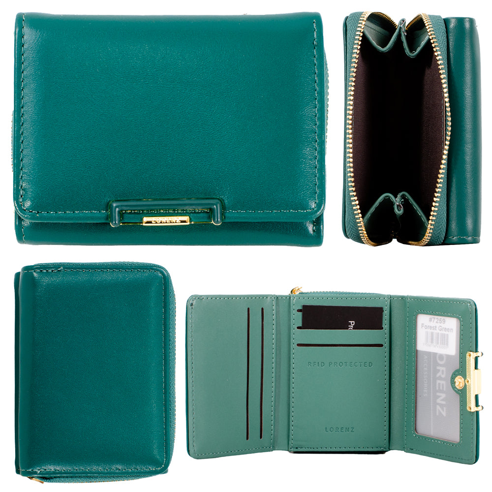 LORENZ LADIES FAUX LEATHER TRIFOLD WALLET PURSE MULTIPLE CARD RFID PROTECTION FOREST GREEN