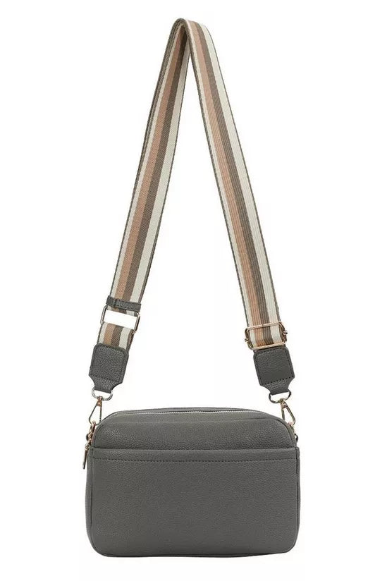 GESSY LADIES DOUBLE ZIP CROSS BODY SHOULDER BAG WITH FRONT/ BACK POCKETS, ADJUSTABLE FABRIC STRAP DARK GREY