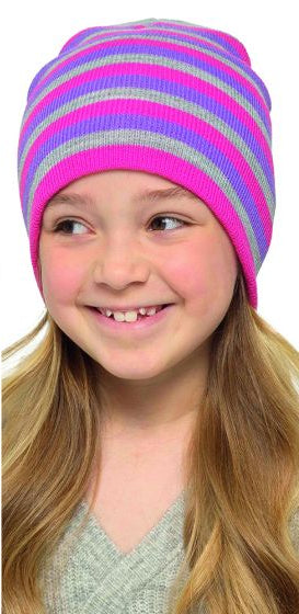 Bertie & Bo Girls Striped Beanie Hat Pink/Purple/Grey Combination