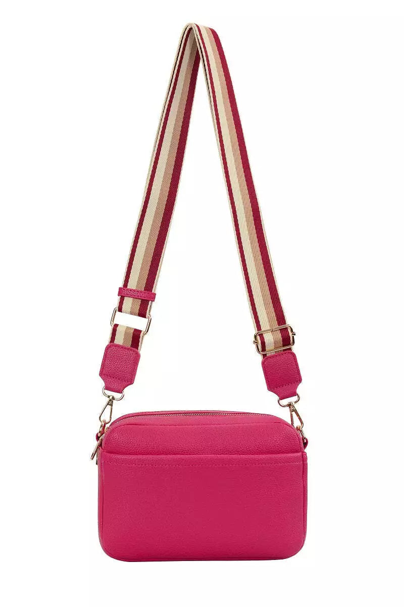 GESSY LADIES DOUBLE ZIP CROSS BODY SHOULDER BAG WITH FRONT/ BACK POCKETS, ADJUSTABLE FABRIC STRAP HOT PINK