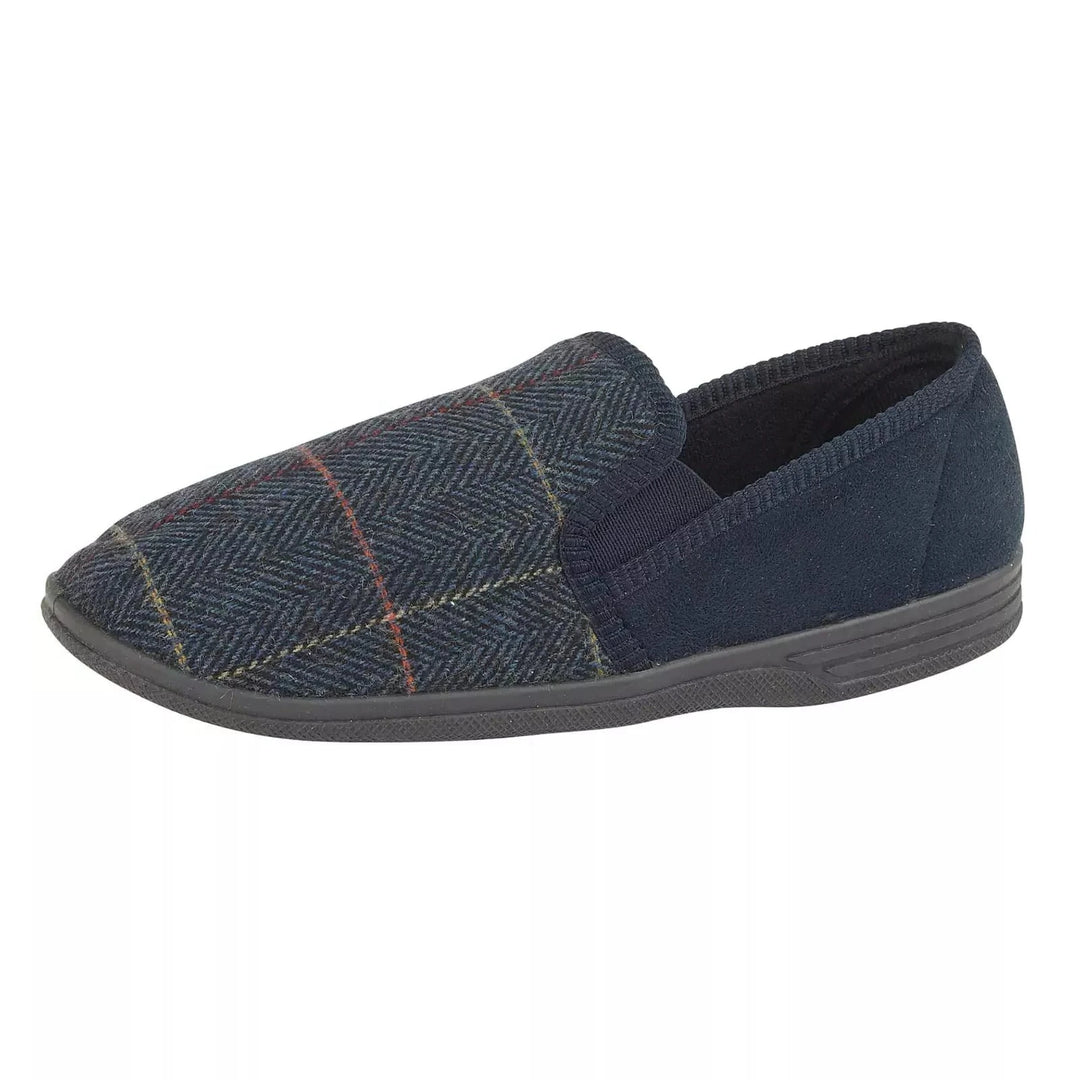 Jo & Joe Lewis Mens Navy Blue Tweed Check Pattern Soft Twin Gusset Full Slippers