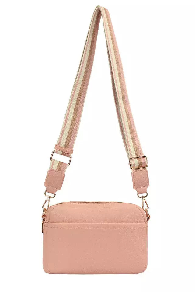 GESSY LADIES DOUBLE ZIP CROSS BODY SHOULDER BAG WITH FRONT/ BACK POCKETS, ADJUSTABLE FABRIC STRAP LIGHT PINK