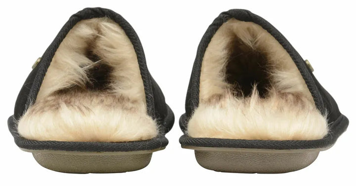 DUNLOP LISTER BLACK REAL SUEDE WARM FAUX FUR LINED MULE SLIPPERS