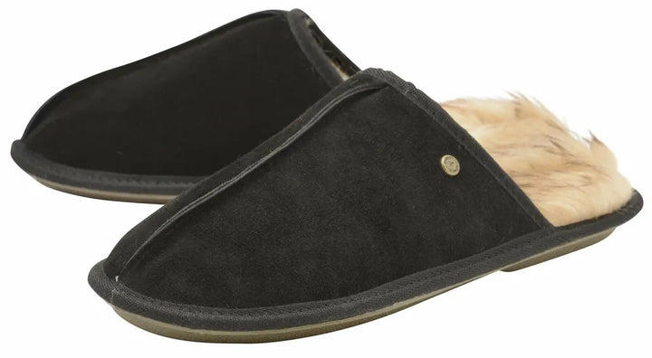 DUNLOP LISTER BLACK REAL SUEDE WARM FAUX FUR LINED MULE SLIPPERS