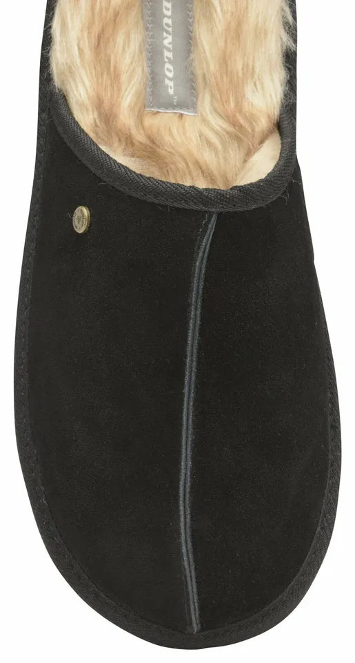 DUNLOP LISTER BLACK REAL SUEDE WARM FAUX FUR LINED MULE SLIPPERS