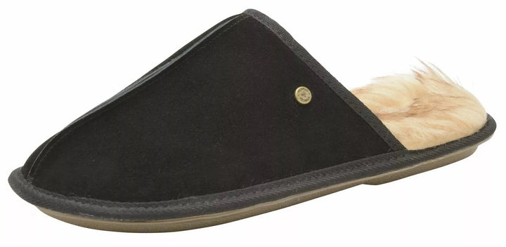 DUNLOP LISTER BLACK REAL SUEDE WARM FAUX FUR LINED MULE SLIPPERS