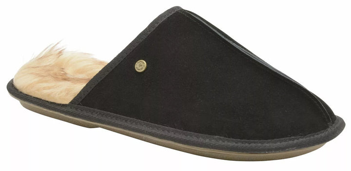 DUNLOP LISTER BLACK REAL SUEDE WARM FAUX FUR LINED MULE SLIPPERS