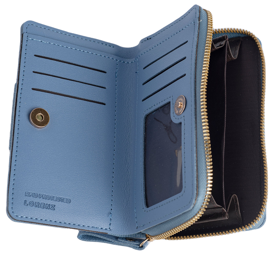 Lorenz Ladies Medium Zip Around Purse Card Holder RFID Protection Blue 