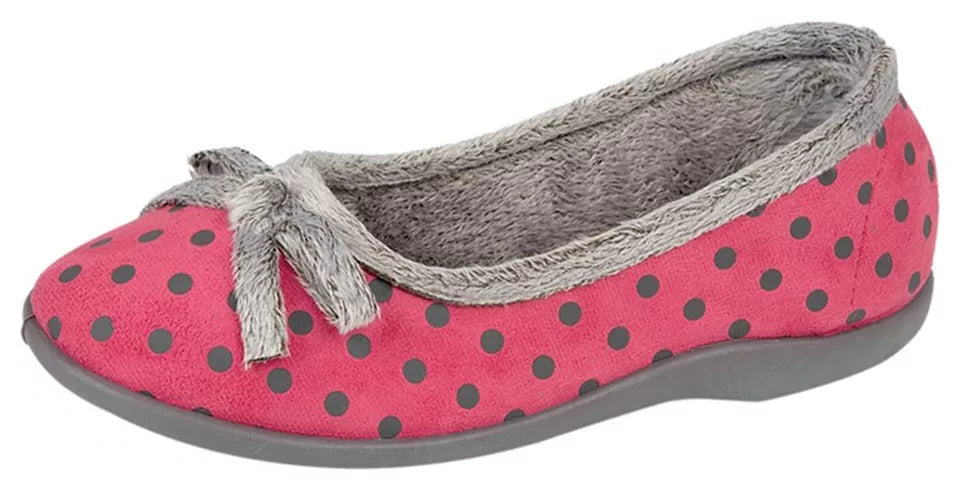 Sleepers LS325 Louise Ladies Memory Foam Pink Polka Dot Faux Fur Soft Dolly Style Slippers