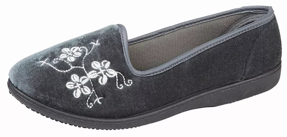 Zedzzz LS348 Jenny Ladies Grey Full House Slipper with Pretty Embroidered Flower Design