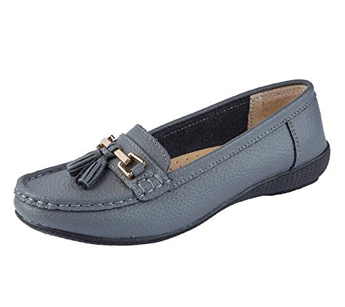 Nautical Womens Leather Slip On Summer Loafers Moccasin Tassel Flat Shoes Slate Grey