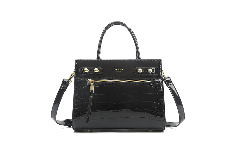 Long & Son Ladies Medium Designer Inspired Crocodile Print Crossbody Strap Top Handle Handbag Black Patent