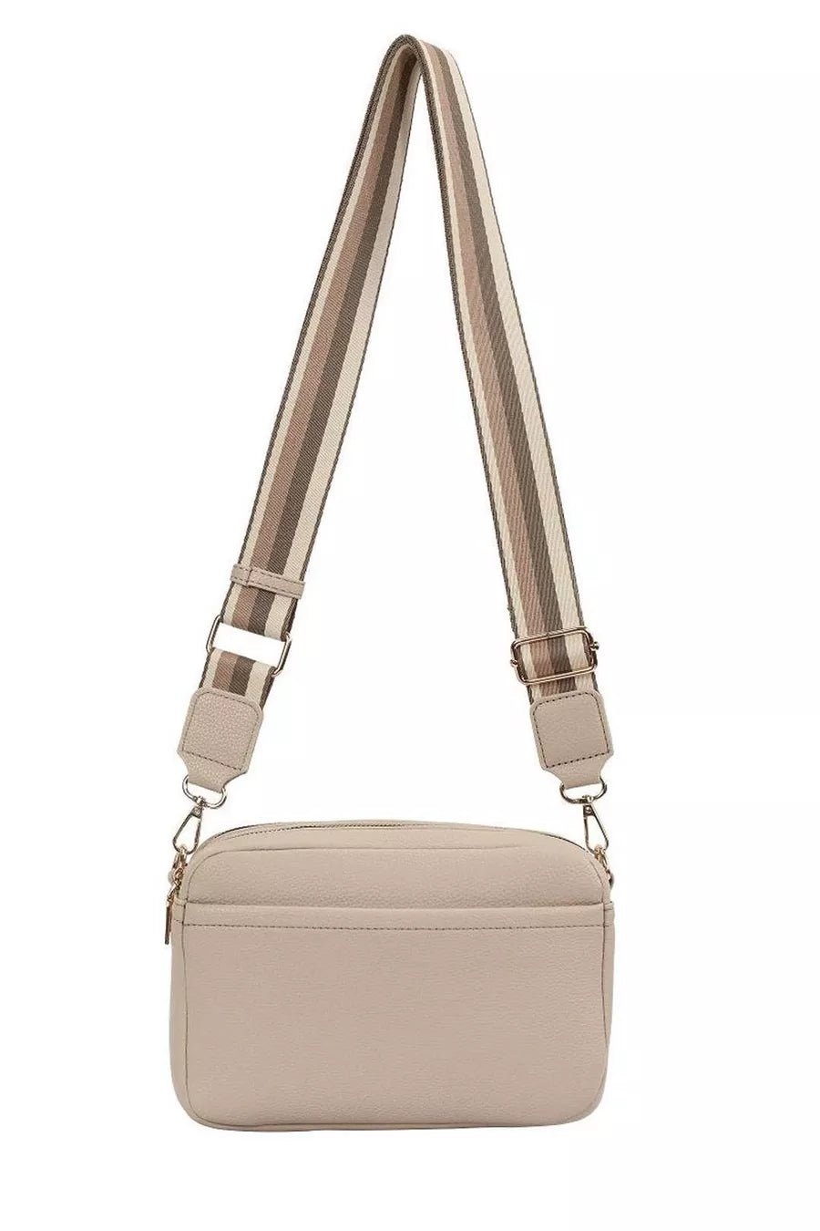 GESSY LADIES DOUBLE ZIP CROSS BODY SHOULDER BAG WITH FRONT/ BACK POCKETS, ADJUSTABLE FABRIC STRAP BEIGE