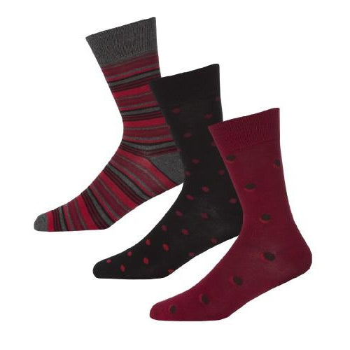 Panda Stick Mens Bamboo Socks Red/ Black/ Grey Multi Patterned 3 Pair Pack