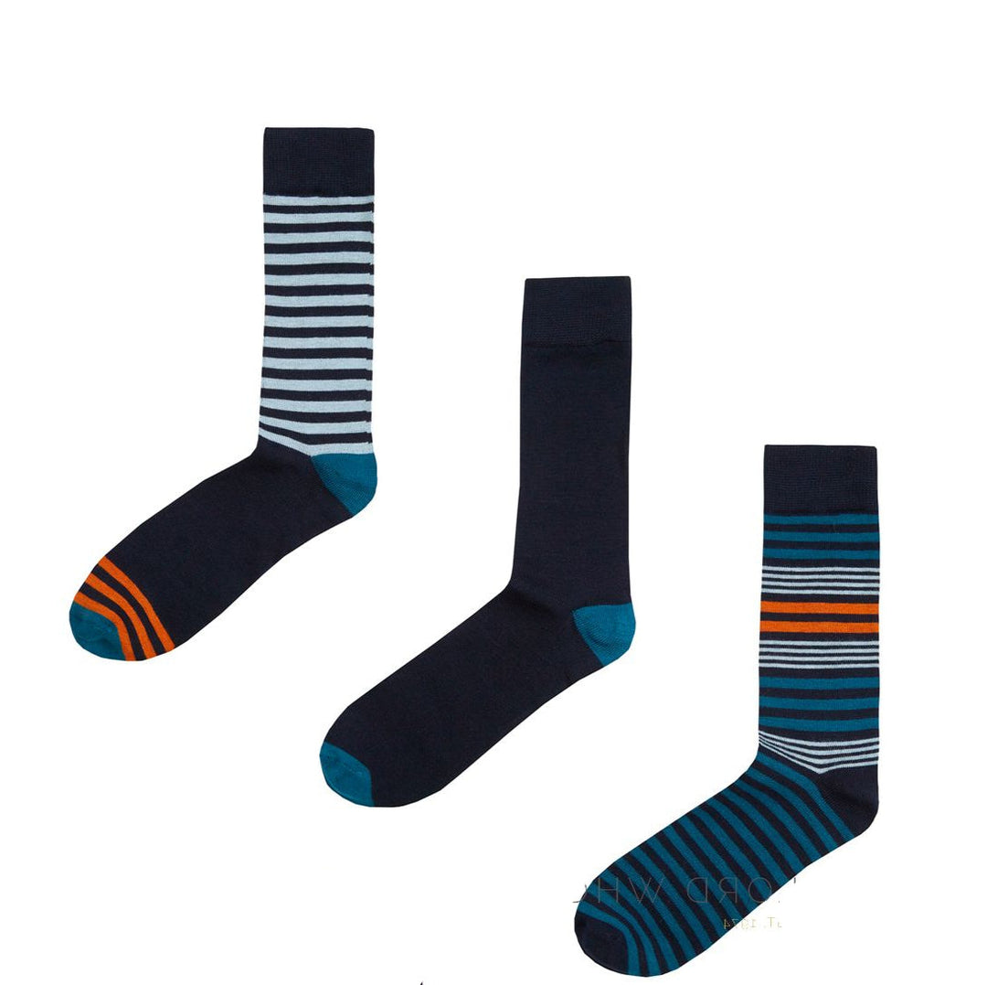 Panda Stick Mens Bamboo Socks Navy/Orange Multi Stripe 3 Pair Pack