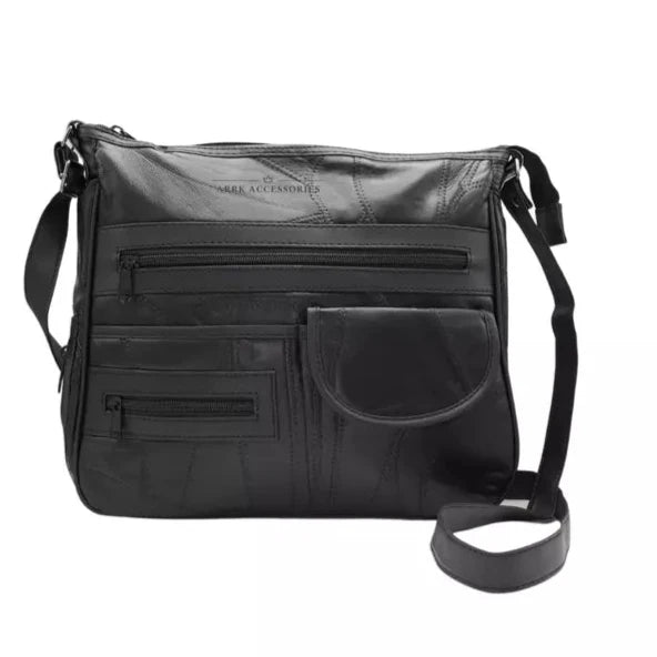 Lorenz Ladies Patchwork Leather Shoulder Handbag With Adjustable Strap & Umbrella Pocket Black