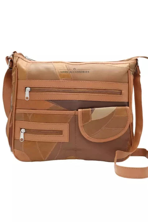 Lorenz Ladies Patchwork Leather Shoulder Handbag With Adjustable Strap Umbrella Pocket Tan