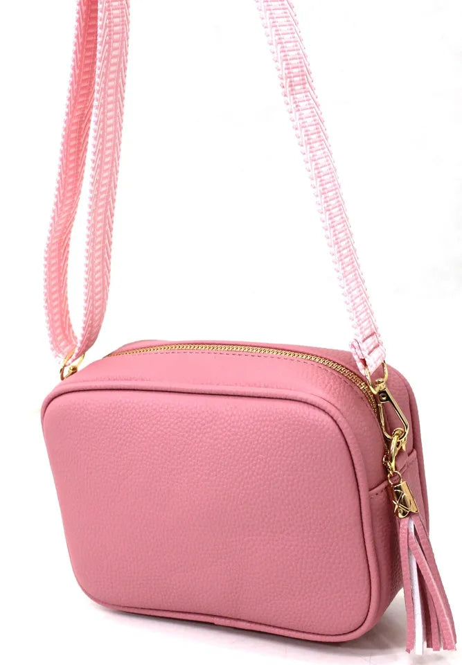 LADIES CROSSBODY SHOULDER BAG SINGLE ZIP COMPARTMENT WITH ADJUSTABLE FABRIC STRAP AND TASSEL PINK