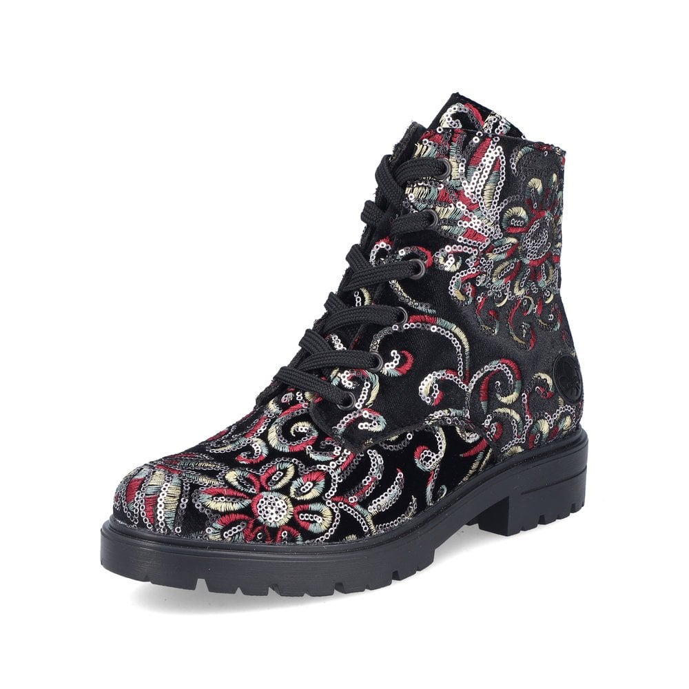Rieker Antistress Z2841 Ladies Sequinned Floral Lace Up Boots With Zip â footlooseoflondon