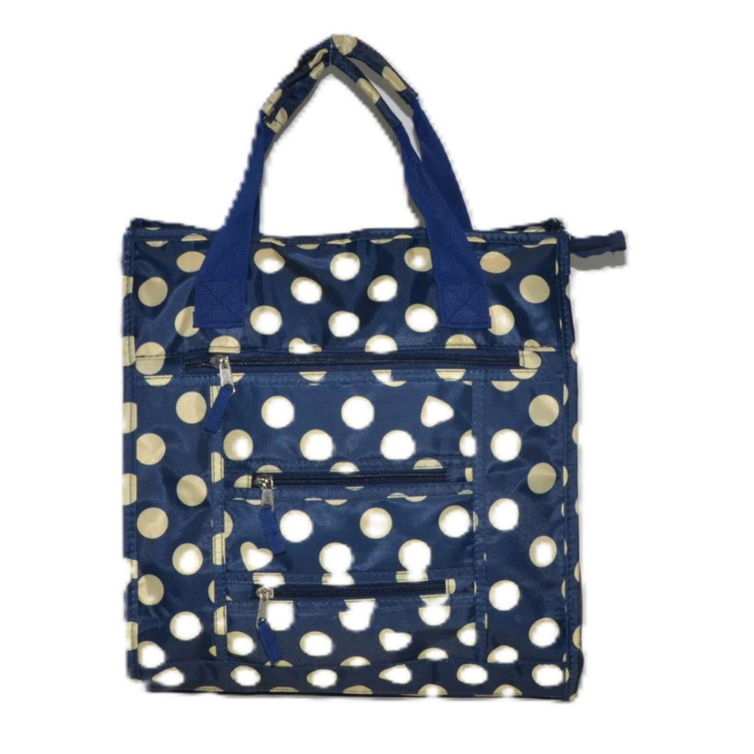 Metro Navy With Cream Hearts & Dots Patterned Multi Pocket Shopping Bag With Grab Handles