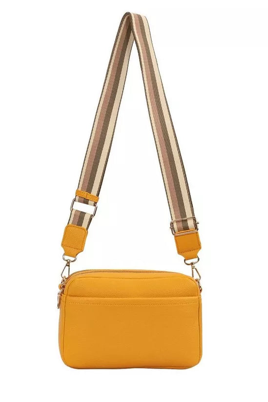 GESSY LADIES DOUBLE ZIP CROSS BODY SHOULDER BAG WITH FRONT/ BACK POCKETS, ADJUSTABLE FABRIC STRAP YELLOW
