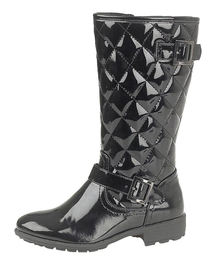 Boulevard G755AP Girls Black Patent High Leg Twin Buckle Zip Up Quilted Boots