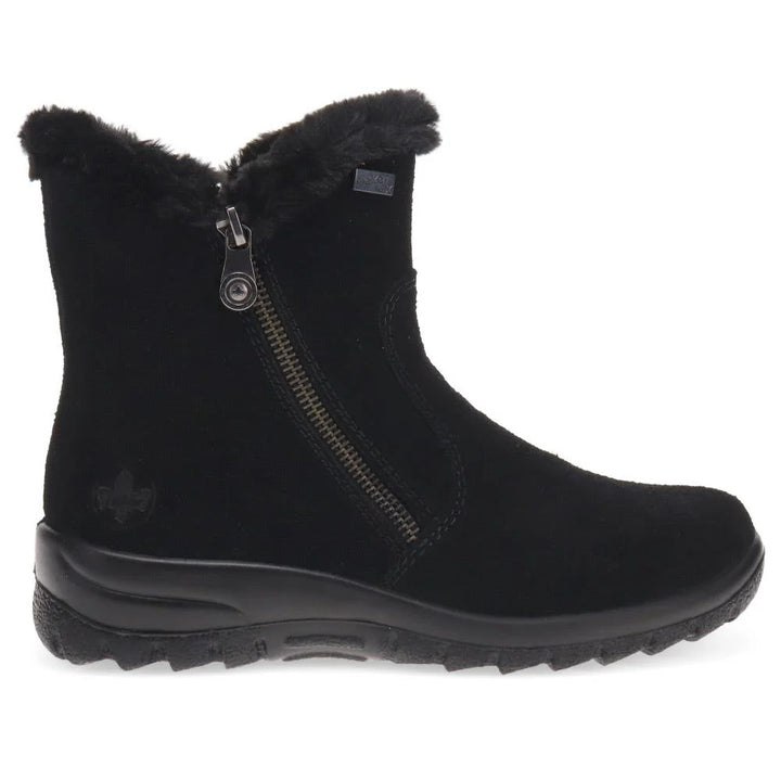 Rieker Tex L7612 Antistress Ladies Water Resistant  Black Suede Faux Fur Warm Lined Double Zip Fasten Ankle Boots