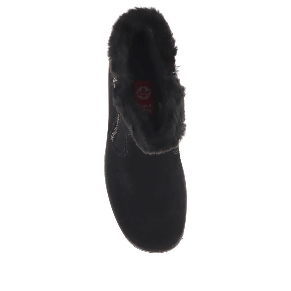 Rieker Tex L7612 Antistress Ladies Water Resistant  Black Suede Faux Fur Warm Lined Double Zip Fasten Ankle Boots