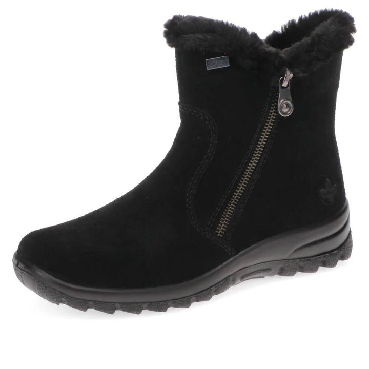 Rieker Tex L7612 Antistress Ladies Water Resistant  Black Suede Faux Fur Warm Lined Double Zip Fasten Ankle Boots