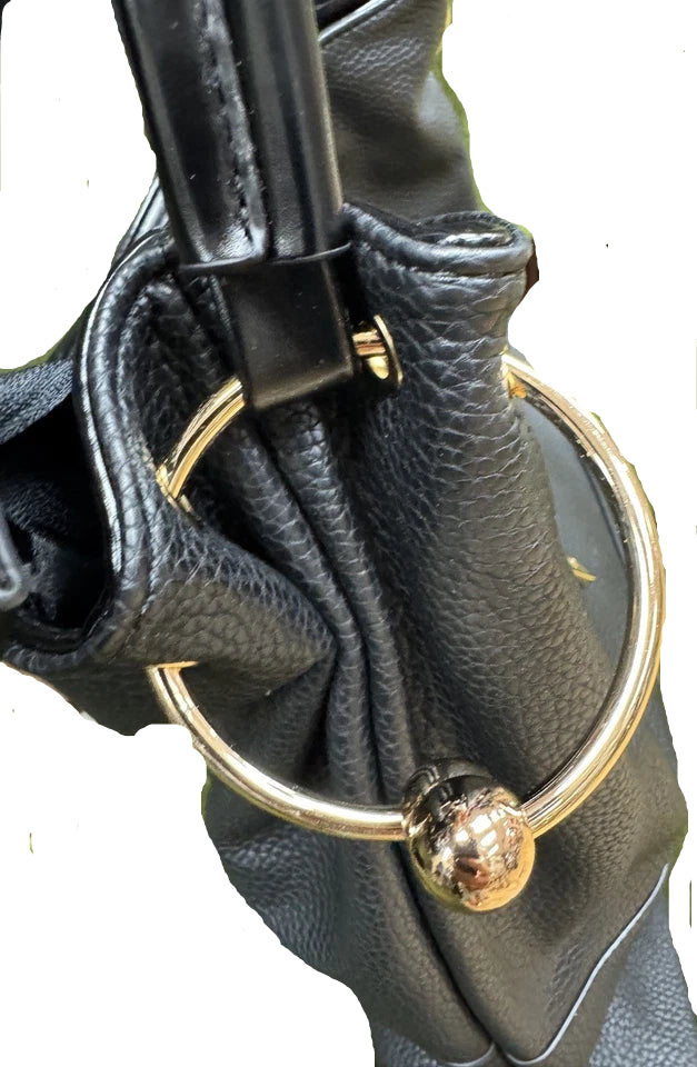 Long & Son Ladies Black Large Soft Faux Leather Shoulder Handbag With Gold Ring Detail