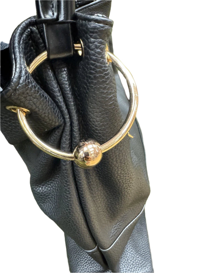 Long & Son Ladies Black Large Soft Faux Leather Shoulder Handbag With Gold Ring Detail