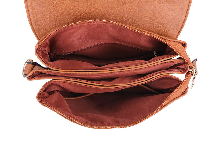 Long & Son Ladies Large Grab Handle & Crossbody Multi Pocket Handbag With Flap Tan