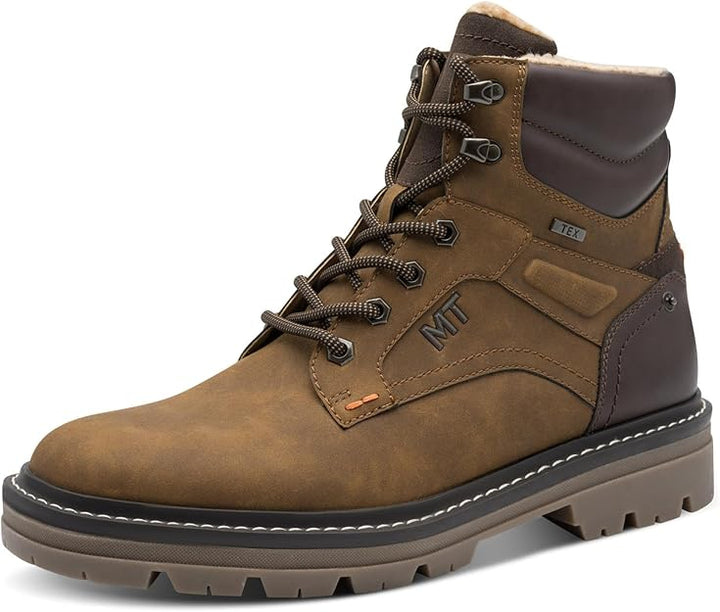 Marco Tozz 216211 Mens Cognac Brown Water Resistant Warm Lined Lace Up Winter Boots With Zip & Thick Cleated Soles