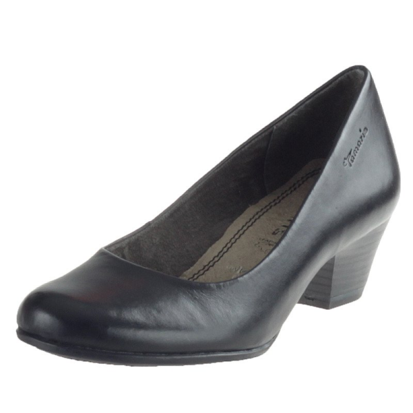 Tamaris 22302 Black Leather Block Heel Court Shoes Airline Crew Office