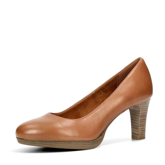 Tamaris 22410 LadiesTan Leather High Heel Court Shoes With Platform For Office Airline Cabin Crew