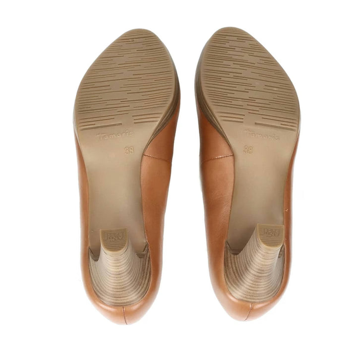 Tamaris 22410 LadiesTan Leather High Heel Court Shoes With Platform For Office Airline Cabin Crew