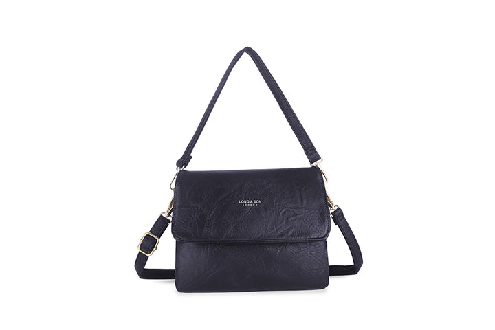 Long & Son Ladies Small Clutch/ Shoulder/ Crossbody Handbag With Flap Black